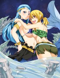 Rule 34 | 2girls, :d, absurdres, aquarius (fairy tail), ass, bikini, bikini top only, blonde hair, blue eyes, blue hair, blush, breast press, breasts, brown eyes, fairy tail, hands on own hips, highres, hug, large breasts, long hair, looking at viewer, lucy heartfilia, mermaid, miniskirt, monster girl, multiple girls, night, night sky, open mouth, partially submerged, planeptune, side ponytail, skirt, sky, smile, swimsuit, symmetrical docking, tiara, underboob, water