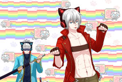 Rule 34 | 2boys, :p, abs, animal ear headphones, animal ears, axent wear, belt bra, brothers, cat boy, cat ear headphones, cat ears, dante (devil may cry), devil may cry, devil may cry (series), devil may cry 3, fake animal ears, fingerless gloves, gloves, headphones, highres, katana, kemonomimi mode, long coat, male focus, multiple boys, nero (devil may cry), nyan cat, paw pose, pectorals, qian cai, sheath, siblings, solo focus, sword, tongue, tongue out, topless male, unsheathing, vergil (devil may cry), weapon