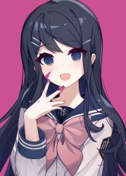 Rule 34 | 1girl, :d, absurdres, black hair, blood, blood on face, blood on hands, blue eyes, blue sailor collar, bow, bowtie, crazy eyes, danganronpa: trigger happy havoc, danganronpa (series), etoria, grey background, grey shirt, hair ornament, hairclip, hand up, highres, long hair, long sleeves, maizono sayaka, open mouth, pink blood, pink bow, pink bowtie, sailor collar, shirt, simple background, smile, solo, upper body