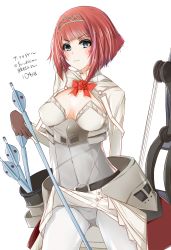 Rule 34 | 1girl, absurdres, ark royal (kancolle), arrow (projectile), blunt bangs, bob cut, bow (weapon), breasts, cleavage cutout, clothing cutout, compound bow, corset, cowboy shot, ferdinand (akizuki), fingerless gloves, gloves, grey eyes, highres, holding, holding arrow, inverted bob, kantai collection, lifting own clothes, long sleeves, overskirt, pantyhose, quiver, red hair, rigging, short hair, small breasts, solo, tiara, weapon, white corset, white pantyhose