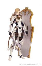 Rule 34 | 1girl, armor, armored boots, bandai namco, bodysuit, boots, brown eyes, highres, holding, holding shield, holding weapon, kisara (tales), long hair, looking at viewer, mace, official art, shield, shoulder armor, simple background, solo, tales of (series), tales of arise, weapon, white background