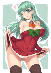 Rule 34 | 10s, 1girl, ;p, aqua eyes, aqua hair, bare shoulders, black thighhighs, blue background, blush, bow, breasts, christmas tree hair ornament, cleavage, clothes lift, collarbone, contrapposto, detached collar, detached sleeves, dress, dress lift, female focus, gluteal fold, green bow, green ribbon, hair ornament, heart, kantai collection, large breasts, legs, long hair, long sleeves, looking at viewer, nakano sora, navel, neck, neckerchief, one eye closed, outline, outside border, red dress, ribbon, santa costume, smile, solo, standing, strapless, strapless dress, suzuya (kancolle), thighhighs, tongue, tongue out, white outline