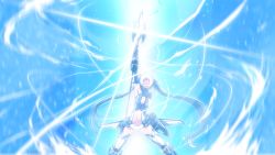 Rule 34 | 1girl, armor, armpits, bare shoulders, blue background, blue hair, bodysuit, cleavage cutout, clenched hand, clothing cutout, faulds, fighting stance, flat chest, gloves, glowing, gorget, greaves, hair ornament, holding, holding weapon, legs apart, leotard, long hair, looking up, magical girl, mecha musume, midriff, motion blur, navel, navel cutout, open mouth, ore twintail ni narimasu, polearm, shouting, solo, spear, standing, tailblue, thighhighs, tsube aika, twintails, very long hair, weapon, white thighhighs, wind, yuto (dialique)