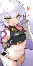 Rule 34 | 1girl, bandaged arm, bandages, bare shoulders, black panties, black thighhighs, black vest, breasts, cameltoe, covered erect nipples, cropped vest, facial scar, fate/apocrypha, fate/grand order, fate (series), fellatio gesture, green eyes, hair between eyes, highres, jack the ripper (fate/apocrypha), looking at viewer, navel, open mouth, panties, scar, scar across eye, scar on cheek, scar on face, shimejinameko, short hair, shoulder tattoo, small breasts, smile, solo, tattoo, thighhighs, thighs, underwear, vest, white hair
