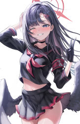 Rule 34 | 1girl, absurdres, black choker, black eyes, black gloves, black hair, black sailor collar, black serafuku, black skirt, black wings, blue archive, blush, choker, cowboy shot, feathered wings, gisi (gicgic draw), gloves, grin, hair ornament, hairclip, halo, highres, ichika (blue archive), long hair, long sleeves, navel, neckerchief, one eye closed, pleated skirt, red halo, red neckerchief, sailor collar, school uniform, serafuku, simple background, skirt, smile, solo, white background, wings