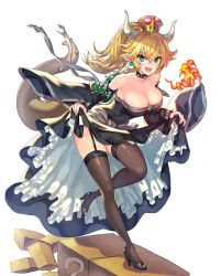 Rule 34 | &gt;:d, 1girl, :d, adapted costume, armlet, bare shoulders, black detached sleeves, black dress, black footwear, blonde hair, blue eyes, blush, bowsette, bracelet, breasts, breath weapon, breathing fire, brown thighhighs, cleavage, clothes lift, collar, collarbone, commentary request, crown, detached sleeves, dress, dress lift, earrings, female focus, fire, frilled dress, frills, garter straps, hair between eyes, hamahama, high heels, highres, horns, jewelry, large breasts, leaning, leaning forward, lifted by self, lizard tail, long hair, looking at viewer, mario (series), monster girl, naughty face, new super mario bros. u deluxe, nintendo, open mouth, pointy ears, ponytail, shadow, sharp teeth, shell, simple background, smile, solo, spiked armlet, spiked bracelet, spiked collar, spiked footwear, spiked shell, spikes, strapless, strapless dress, super crown, tail, teeth, thighhighs, turtle shell, upper teeth only, white background, white horns, wide sleeves