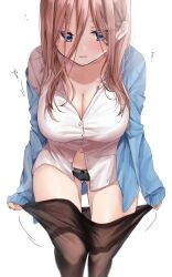 Rule 34 | 1girl, black panties, black pantyhose, blue cardigan, blue eyes, blush, breasts, brown hair, cameltoe, cardigan, chigusa minori, cleavage, clothes pull, collarbone, collared shirt, commentary request, cowboy shot, dress shirt, gluteal fold, go-toubun no hanayome, hair between eyes, highres, lace, lace panties, large breasts, leaning forward, long hair, long hair between eyes, long sleeves, midriff peek, nakano miku, navel, open cardigan, open clothes, panties, pantyhose, pantyhose pull, parted lips, partially unbuttoned, shirt, simple background, single off shoulder, sleeves past wrists, solo, thighband pantyhose, thighs, underwear, undressing, white background, white shirt