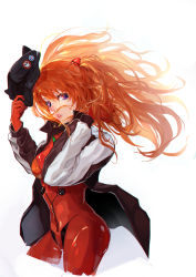 Rule 34 | 1girl, absurdres, blue eyes, bodysuit, breasts, brown hair, evangelion: 3.0 you can (not) redo, floating hair, hair ornament, hat, highres, jacket, lips, long hair, long sleeves, looking at viewer, neon genesis evangelion, plugsuit, rebuild of evangelion, red bodysuit, shiny clothes, simple background, solo, souryuu asuka langley, two side up, very long hair, white background, wide hips, zhujun0431