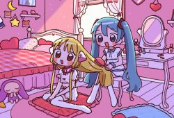 Rule 34 | 1nupool, 2girls, android, aqua hair, bedroom, between legs, blonde hair, blush stickers, brushing another&#039;s hair, brushing hair, chibi, chii, chobits, crossover, hair tubes, hand between legs, hatsune miku, highres, indoors, lolita fashion, long hair, makeup, mirror, multiple girls, open mouth, otaku room, pajamas, photo (object), robot ears, sitting, sweet lolita, thighhighs, v arms, very long hair, vocaloid, wariza, white thighhighs, window