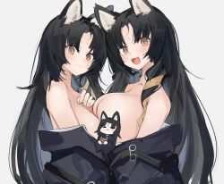Rule 34 | 2girls, :d, animal ears, arknights, asymmetrical docking, black hair, black shirt, breast press, breasts, clothes pull, dog ears, dual persona, facial mark, female focus, forehead mark, highres, large breasts, long hair, looking at viewer, mikozin, multiple girls, off shoulder, open mouth, partially undressed, saga (arknights), shirt, shirt pull, simple background, smile, upper body, white background, yellow eyes