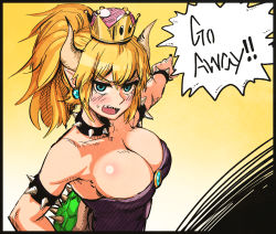 Rule 34 | 1girl, bare shoulders, blonde hair, blue eyes, bowsette, bracelet, breasts, cleavage, collar, crown, dress, earrings, english text, female focus, gigle, highres, horns, jewelry, large breasts, long hair, looking at viewer, mario (series), new super mario bros. u deluxe, nib pen (medium), nintendo, pointy ears, ponytail, sharp teeth, solo, spiked bracelet, spiked collar, spiked shell, spikes, super crown, talking, teeth, traditional media, turtle shell