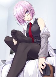 Rule 34 | 1girl, bed, bed sheet, black-framed eyewear, black pantyhose, breasts, fate/grand order, fate (series), feet, fingernails, foot focus, glasses, hair over one eye, highres, holding shoe, impossible clothes, impossible shirt, jacket, leg up, long sleeves, looking at viewer, mash kyrielight, medium breasts, necktie, no shoes, off shoulder, on bed, open mouth, pantyhose, pillow, pink hair, purple eyes, red necktie, ruton-niki, shirt, shoes, unworn shoes, short hair, single shoe, sitting, sleeveless, soles, solo, toes