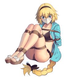 Rule 34 | 1girl, absurdres, bdsm, bikini, black bikini, blonde hair, blue eyes, blue jacket, blush, bondage, bound, braid, braided ponytail, breasts, cloth gag, collarbone, fate/grand order, fate (series), gag, gagged, highres, hood, hooded jacket, improvised gag, jacket, jeanne d&#039;arc (fate), jeanne d&#039;arc (ruler) (fate), jeanne d&#039;arc (swimsuit archer) (fate), jeanne d&#039;arc (swimsuit archer) (first ascension) (fate), kaddo, long hair, medium breasts, over the nose gag, ponytail, rope, sandals, shibari, shibari over clothes, simple background, single braid, sitting, solo, swimsuit, very long hair, white background