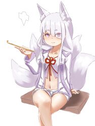 Rule 34 | 1girl, animal ear fluff, animal ears, breasts, closed mouth, collarbone, commentary request, crossed legs, diagonal bangs, feet out of frame, fox ears, fox girl, fox tail, hair over one eye, highres, holding, holding smoking pipe, kiseru, kitsune, kuro kosyou, looking at viewer, navel, open clothes, original, purple eyes, shikigami, short eyebrows, short shorts, shorts, simple background, small breasts, smile, smoking pipe, solo, tail, thick eyebrows, white background, white shorts