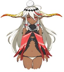 Rule 34 | 1girl, bare shoulders, breasts, bright pupils, closed mouth, commentary request, cowboy shot, creature, cropped legs, detached sleeves, ear piercing, earrings, hair between eyes, highres, horns, jewelry, kumonji aruto, legs together, long hair, long sleeves, looking at viewer, navel, original, panties, piercing, red eyes, simple background, small breasts, smile, solo, standing, thigh gap, underwear, white background, white hair, white panties