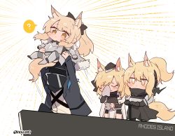 Rule 34 | 1other, 3girls, ?, ambiguous gender, animal ear fluff, animal ears, arknights, armor, aunt and niece, black bow, black jacket, blemishine (arknights), blonde hair, bow, chibi, doctor (arknights), earpiece, emphasis lines, extra ears, closed eyes, hair between eyes, hair bow, handkerchief, helmet, highres, holding person, hood, hood up, horse ears, horse girl, horse tail, implied extra ears, jacket, jitome, knight, kyou 039, long hair, mask, multiple girls, nearl (arknights), open clothes, open jacket, parody, plate armor, ponytail, scene reference, shirt, siblings, sisters, spoken question mark, standing, tail, the lion king, thick eyebrows, twitter username, whislash (arknights), white background, white shirt, wiping face, yellow eyes