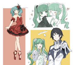Rule 34 | &gt; &lt;, 1boy, 3girls, alternate color, arm garter, arms at sides, ascot, ballerina, ballet, ballet slippers, bare legs, bare shoulders, black bow, black dress, black flower, black hair, black rose, blue eyes, blunt bangs, blush, bow, breasts, cantarella (vocaloid), capelet, chibi, choker, closed mouth, commentary, dated, dress, dual persona, en pointe, english commentary, expressionless, flower, flower choker, gaikotsu gakudan to riria (vocaloid), gloves, gothic lolita, green eyes, green hair, hair flower, hair ornament, hand up, happy, hatsune miku, heart, highres, hug, jacket, jitome, juliet sleeves, kaito (vocaloid), lolita fashion, long hair, long sleeves, looking at viewer, medium breasts, medium hair, multiple girls, multiple views, outside border, outstretched arm, project diva (series), puffy sleeves, red background, red dress, red flower, red rose, rosa bianca (module), rosa blue (module), rose, short dress, smile, smirk, soup dumplin, standing, strapless, strapless dress, symmetrical pose, twintails, up sleeve, v, very long hair, vocaloid, white ascot, white background, white dress, white flower, white gloves, white jacket, white rose, wide sleeves, yellow background