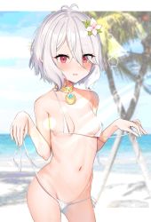 Rule 34 | 1girl, absurdres, amrita (amber78gou), antenna hair, bare shoulders, beach, bikini, blush, breasts, collarbone, elf, flower, hair between eyes, hair flower, hair ornament, highres, jewelry, kokkoro (princess connect!), letterboxed, light rays, looking at viewer, micro bikini, navel, neck ring, ocean, open mouth, outside border, palm tree, pendant, pink eyes, pointy ears, princess connect!, side-tie bikini bottom, silver hair, small breasts, solo, sunlight, swimsuit, thighs, tree, untied bikini, white bikini
