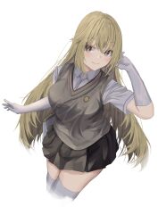 Rule 34 | 1girl, araishi maro, blonde hair, brown eyes, brown sweater vest, closed mouth, collared shirt, commentary request, cropped legs, elbow gloves, emblem, gloves, grey skirt, hair between eyes, highres, long hair, looking at viewer, miniskirt, pleated skirt, revision, school emblem, school uniform, shirt, shokuhou misaki, short sleeves, simple background, skirt, smile, solo, sparkling eyes, summer uniform, sweater vest, thighhighs, toaru kagaku no mental out, toaru kagaku no railgun, toaru majutsu no index, tokiwadai school uniform, very long hair, white background, white gloves, white shirt, white thighhighs, yellow eyes
