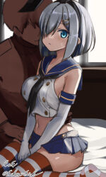 Rule 34 | 1boy, 1girl, black neckerchief, black panties, blue eyes, blue sailor collar, blush, breasts, cosplay, crop top, eckert&amp;eich, elbow gloves, faceless, faceless female, gloves, grey hair, hair ornament, hair over one eye, hairband, hairclip, hamakaze (kancolle), highleg, highleg panties, highres, kantai collection, large breasts, looking at viewer, microskirt, miniskirt, neckerchief, panties, pleated skirt, sailor collar, shimakaze (kancolle), shimakaze (kancolle) (cosplay), short hair, sitting, skindentation, skirt, striped clothes, striped thighhighs, sweat, thighhighs, underwear, white gloves