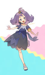 Rule 34 | 1girl, :d, acerola (pokemon), armlet, blue dress, collarbone, commentary request, creatures (company), dress, elite four, flip-flops, flipped hair, full body, game freak, grey dress, grey eyes, hair ornament, hairclip, knees, leg up, long hair, looking at viewer, momoji (lobolobo2010), multicolored clothes, multicolored dress, nintendo, open mouth, outstretched arms, pokemon, pokemon sm, purple hair, sandals, short sleeves, smile, solo, standing, standing on one leg, stitches, toes, tongue, topknot, torn clothes, torn dress, twitter username