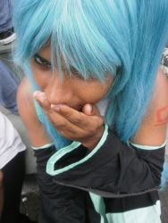 Rule 34 | blue hair, cosplay, detached sleeves, hand over mouth, hatsune miku, hatsune miku (cosplay), male focus, photo (medium), solo, twintails, vocaloid