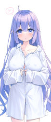Rule 34 | 1girl, :o, ahoge, azur lane, blush, borrowed clothes, breasts, button gap, collarbone, covered erect nipples, cowboy shot, furrowed brow, highres, large breasts, long hair, looking at viewer, no bra, no pants, aged up, oversized clothes, oversized shirt, own hands together, purple eyes, purple hair, satsuki yukimi, shirt, simple background, sleeves past wrists, solo, spoken blush, unicorn (azur lane), very long hair, white shirt