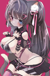 Rule 34 | 1girl, animal ears, bare shoulders, bikini, black bikini, black gloves, blue eyes, blush stickers, breasts, brown hair, cat ears, cat girl, cat tail, clenched hands, closed mouth, fingerless gloves, gloves, goddess of victory: nikke, hair ornament, hair ribbon, heterochromia, large breasts, light blush, long hair, lying, nero (nikke), on side, pecoe, pink eyes, ribbon, single thighhigh, skirt, string bikini, swimsuit, tail, thigh strap, thighhighs, twintails