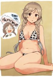 Rule 34 | 1girl, animal print, banned artist, barefoot, bikini, border, braid, breasts, cloud hair ornament, commentary request, cow print, gradient hair, kantai collection, large breasts, light brown hair, long hair, looking at viewer, makio (makiomeigenbot), minegumo (kancolle), multicolored hair, red eyes, sitting, solo, swimsuit, translation request, twin braids, two-tone background, wariza, white bikini, white border, yellow background