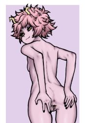 Rule 34 | 1girl, anus, ashido mina, ass, back, black nails, black sclera, blush, boku no hero academia, breasts, colored sclera, colored skin, female focus, from behind, highres, horns, looking at viewer, looking back, messy hair, nail polish, nude, pink hair, pink skin, pussy, short hair, small breasts, smile, solo, spread pussy, standing, uncensored, wabaki, yellow eyes