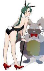 Rule 34 | 1girl, ass, back, blurry, blurry background, cane, closed mouth, commentary request, creatures (company), diggersby, earrings, flat ass, from behind, full body, game freak, gen 6 pokemon, genjitsu o miro, green hair, high heels, highres, holding, holding cane, jewelry, leaning forward, leotard, long hair, low ponytail, nintendo, playboy bunny, pokemon, pokemon (creature), pokemon sv, rabbit, red eyes, red footwear, rika (pokemon), smile, white background