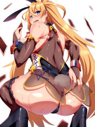Rule 34 | 1girl, animal ears, ass, back, bad id, bad pixiv id, bare shoulders, black footwear, black leotard, blonde hair, blue eyes, blush, bradamante (fate), bradamante (welcome bunny) (fate), breasts, bridal gauntlets, card, fate/grand order, fate (series), hair between eyes, high heels, highres, large breasts, leotard, long hair, looking at viewer, looking back, magukappu, open mouth, playing card, rabbit ears, rabbit tail, simple background, solo, squatting, sweat, tail, thighs, twintails, very long hair, white background, wrist cuffs