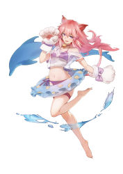 Rule 34 | 1girl, absurdres, animal ears, animal hands, bare legs, bare shoulders, barefoot, bikini, bow, breasts, cat ears, cat tail, commentary request, copyright request, critsu, dolphin, gloves, hair bow, highres, innertube, long hair, medium breasts, navel, paw gloves, pink bow, pink hair, purple bikini, see-through, sharp toenails, shirt, simple background, smile, solo, string bikini, swim ring, swimsuit, tail, toenails, water, white background