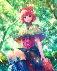 Rule 34 | 1girl, ahoge, animal ears, blurry, boots, bush, capelet, checkered clothes, checkered skirt, commission, corset, depth of field, fantasy, forest, frilled skirt, frills, highres, knee boots, leaf, light particles, light rays, looking at viewer, nature, original, pixiv commission, red hair, sakimori (hououbds), short hair, sitting, sitting on tree stump, skirt, sleeveless, smile, solo, tree, tree stump, wind