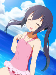 Rule 34 | 1girl, :d, black hair, blush, casual one-piece swimsuit, closed eyes, cloud, collarbone, day, dutch angle, frilled swimsuit, frills, halterneck, k-on!, kakiuchi itsuki, long hair, nakano azusa, ocean, one-piece swimsuit, open mouth, pink one-piece swimsuit, round teeth, sky, smile, solo, swimsuit, teeth, twintails