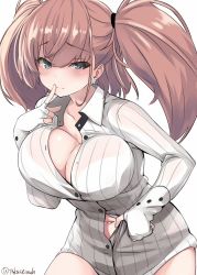 Rule 34 | 1girl, atlanta (kancolle), blue eyes, blush, bra, bra visible through clothes, breasts, brown hair, closed mouth, clothes pull, collarbone, collared shirt, commentary request, earrings, finger to mouth, index finger raised, jewelry, kantai collection, large breasts, long hair, long sleeves, looking at viewer, navel, navel focus, pinstripe pattern, pinstripe shirt, shirt, shirt pull, simple background, standing, star (symbol), star earrings, striped, takase muh, twintails, twitter username, underwear, vertical stripes, white background, white bra, white shirt