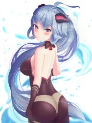 Rule 34 | 1girl, absurdres, ahoge, alternate costume, artist request, ass, bare shoulders, blue hair, blush, bodysuit, breasts, from behind, ganyu (genshin impact), genshin impact, gloves, goat horns, highres, horns, large breasts, leotard, long hair, looking at viewer, parted lips, purple eyes, shiny clothes, shiny skin, sideboob, smile, solo, very long hair