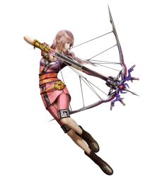 Rule 34 | 10s, 1girl, 3d, absurdres, alternate costume, boots, bow (weapon), crossbow, final fantasy, final fantasy xiii, final fantasy xiii-2, full body, highres, jpeg artifacts, official art, pink hair, serah farron, side ponytail, simple background, smile, solo, weapon, white background