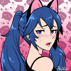 Rule 34 | 1girl, akairiot, alternate hairstyle, animal ears, bare shoulders, blue eyes, blue hair, blush, cat ears, fire emblem, fire emblem awakening, kemonomimi mode, long hair, looking back, lucina (fire emblem), matching hair/eyes, nintendo, open mouth, solo, spaghetti strap, twintails, whiskers