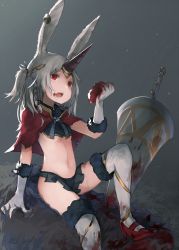 Rule 34 | 1girl, animal ears, blood, bloody weapon, braid, capelet, gloves, grey hair, high heels, highres, horns, lance, long hair, makihitsuji, midriff, open mouth, original, planted, polearm, rabbit ears, red eyes, red footwear, red theme, shoes, single horn, sitting, solo, thighhighs, two side up, weapon, white gloves, white thighhighs