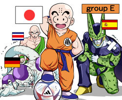 Rule 34 | 2022 fifa world cup, 4boys, al rihla, angry, bald, ball, belt, blue belt, cell (dragon ball), commentary request, constricted pupils, costa rican flag, crossed bandaids, defeat, dougi, dragon ball, dragonball z, drooling, frieza, full body, german flag, highres, himekishi tarutu (artist), japanese flag, kuririn, looking at viewer, male focus, multiple boys, open mouth, scratches, smile, soccer ball, spanish flag, sweatdrop, tenshinhan, trembling, world cup