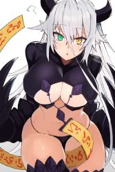 Rule 34 | 1girl, bad id, bad pixiv id, black horns, black panties, black thighhighs, blush, boots, breasts, cleavage, commentary request, copyright request, dragon girl, green eyes, hair between eyes, heterochromia, highres, horns, large breasts, long hair, looking at viewer, navel, panties, silver hair, simple background, solo, suminagashi, thigh boots, thighhighs, underwear, very long hair, white background, yellow eyes