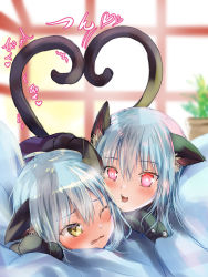 Rule 34 | 2girls, aisu (icicleshot), alternate costume, animal ear fluff, animal ears, animal hands, black tail, blue hair, blush, cat ears, cat tail, ciel (tensei shitara slime datta ken), cuddling, day, dual persona, fang, gloves, heart, heart-shaped pupils, heart tail, heart tail duo, looking at viewer, lying, lying on person, multiple girls, on stomach, one eye closed, open mouth, paw gloves, plant, red eyes, rimuru tempest, symbol-shaped pupils, tail, tensei shitara slime datta ken, yellow eyes
