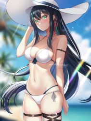 Rule 34 | 1girl, beach, bikini, black hair, blurry, blurry background, blush, braid, breasts, cleavage, closed mouth, commentary request, green eyes, green hair, hair between eyes, hair ribbon, hat, heichanart, large breasts, lin (tower of fantasy), long hair, looking at viewer, multicolored hair, outdoors, red ribbon, ribbon, sidelocks, sky, smile, solo, standing, summer, sun hat, swimsuit, thigh strap, thighhighs, thighs, tower of fantasy, very long hair, white bikini, white hat, white thighhighs