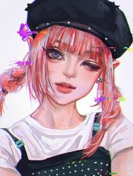 Rule 34 | 1girl, beret, black camisole, black hat, blue eyes, braid, camisole, glitch, hanni (newjeans), hat, head tilt, highres, k-pop, layered clothes, looking at viewer, mantang hua, medium hair, newjeans, one eye closed, parted lips, pink hair, portrait, procreate (medium), real life, realistic, shirt, solo, t-shirt, twin braids, white shirt