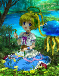 Rule 34 | 1girl, :d, blonde hair, blue eyes, blue theme, blush, bob cut, bow, child, corset, dandelion, dappled sunlight, dragon quest, dragon quest v, dress, flat chest, flower, flying, forest, frills, hair bow, happy, head wreath, healslime, hero&#039;s daughter (dq5), jellyfish, jewelry, mary janes, mutsuki (moonknives), nature, necklace, on ground, open mouth, outdoors, ribbon, rose, shade, shoes, short hair, sitting, smile, socks, solo, sunlight, tentacles, tree, tree shade, wariza, water, wristband