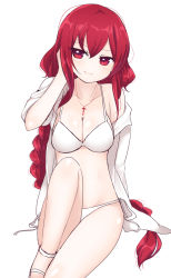 Rule 34 | 1girl, alternate costume, bikini, blush, braid, breasts, closed mouth, collarbone, cross, cross necklace, eyebrows, eyelashes, eyes visible through hair, hair between eyes, hair over shoulder, hand up, highres, jewelry, leg up, long hair, medium breasts, necklace, off shoulder, okazaki yumemi, open clothes, open shirt, ougi hina, red eyes, red hair, sandals, shirt, simple background, single bare shoulder, single braid, sitting, smile, solo, swimsuit, touhou, touhou (pc-98), very long hair, white background, white bikini, white footwear, white shirt