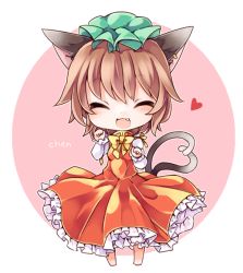 Rule 34 | 1girl, :3, ^ ^, animal ears, bad id, bad pixiv id, bow, brown hair, cat ears, cat tail, character name, chen, chibi, closed eyes, fang, hat, heart, heart tail, looking at viewer, multiple tails, nekomata, open mouth, paw pose, short hair, smile, solo, tail, touhou, yukimiya (parupunta)