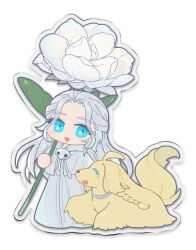 Rule 34 | 1girl, :d, ^ ^, afghan hound, argos (ff14), blue eyes, capelet, chibi, chibi only, closed eyes, commentary request, damgomway, dog, drawstring, elpis flower, eyes visible through hair, final fantasy, final fantasy xiv, flower, full body, grey hair, half updo, highres, holding, holding flower, hood, hood down, hooded capelet, korean commentary, leaf, long hair, looking at viewer, mask, mask around neck, no nose, open mouth, outline, oversized flower, robe, simple background, smile, sophist&#039;s robe (ff14), standing, unworn mask, venat (ff14), white background, white capelet, white flower, white outline, white robe