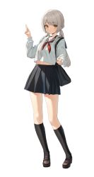 absurdres bag black_skirt black_socks frown full_body highres kneehighs long_hair midriff midriff_peek miniskirt original pleated_skirt school_bag school_uniform serafuku shoulder_bag simple_background skirt socks solo standing white_background white_hair xi_xeong yellow_eyes